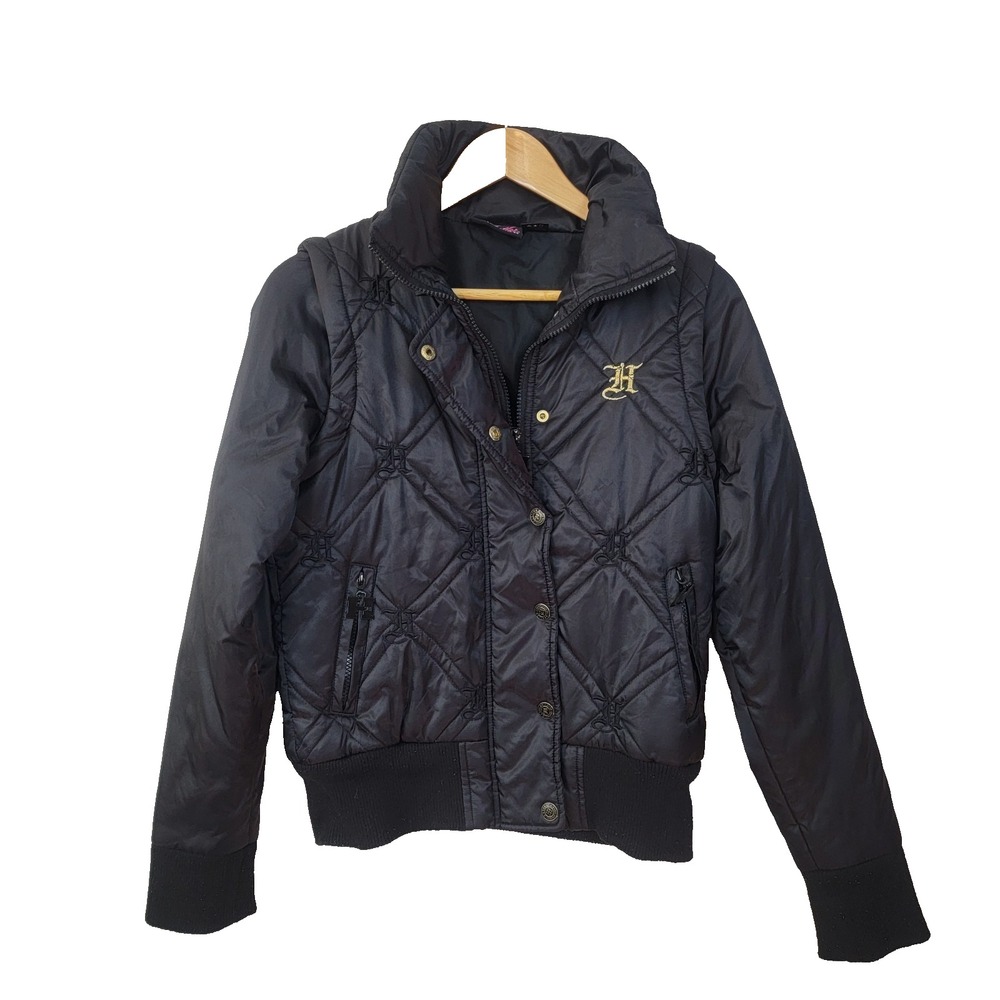 Hustler Hardcore Since 74 Puffer Jacket Womens M Black Convertible Vest Y2K Edgy